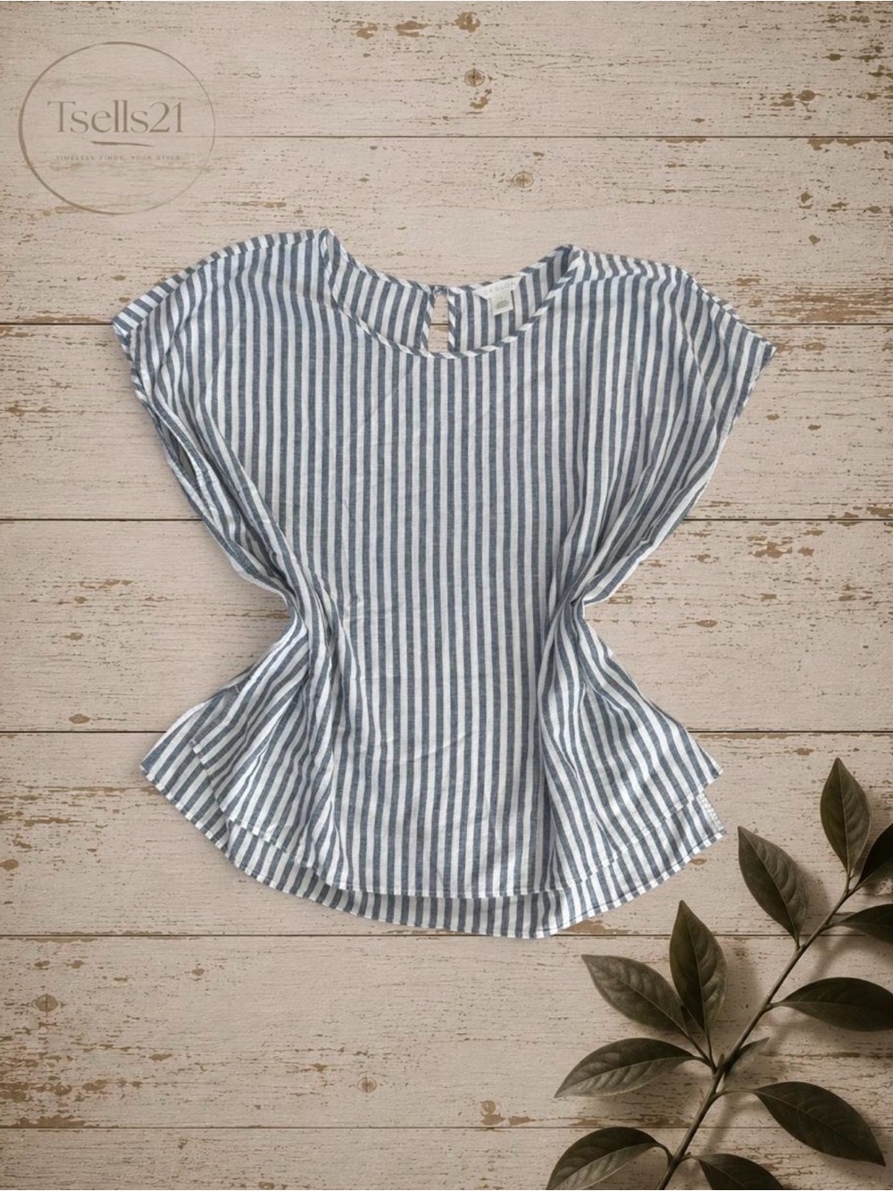 Caslon Nordstrom Grey/Blue Striped Linen-Blend Blouse - Size L